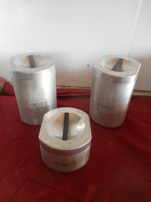 VINTAGE ALUMINUM FLOUR , SUGAR  , TEA CANESTERS