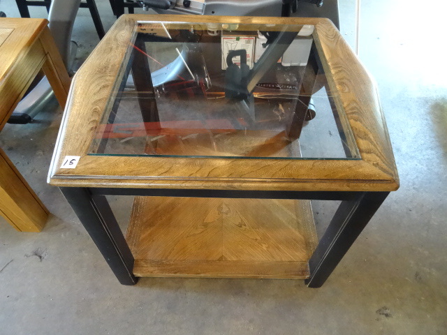lot 15 image: Wood end table with glass top. 30 x...