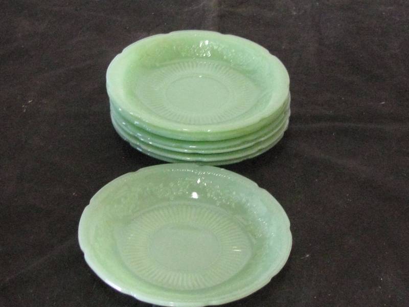 lot 66 image: Fire King Alice Jadeite Saucers
