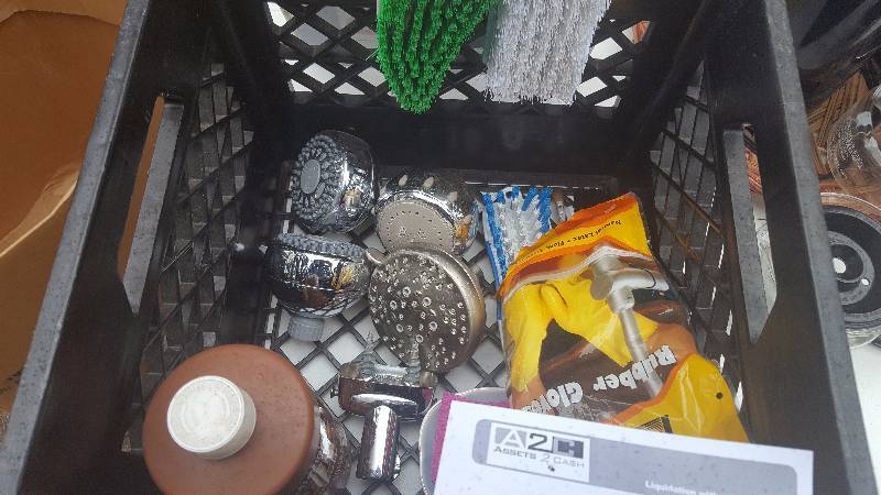 lot 277 image: Crate Lot of Shower Heads, Rubber Gloves, Cleaning Brushes