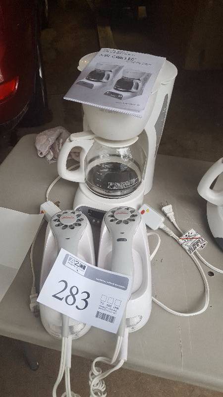 lot 283 image: Lot of (1) Mr. Coffee 12-cup Coffeemaker AND (2) Sumbeam 1500 Hair Dryers