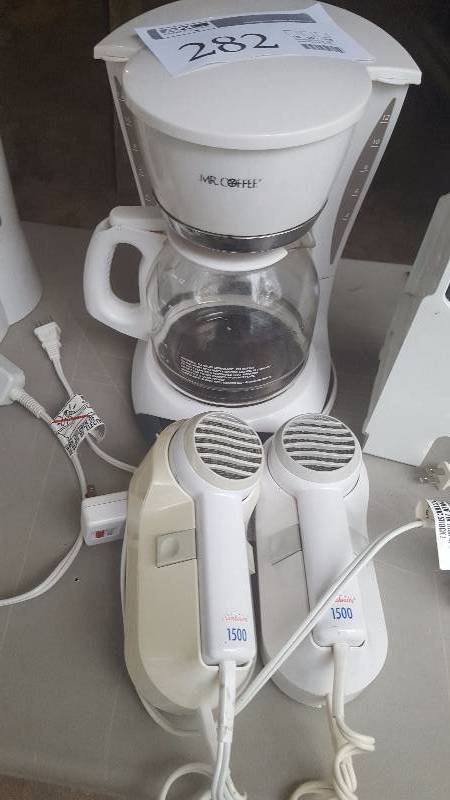 lot 282 image: Lot of (1) Mr. Coffee 12-cup Coffeemaker AND (2) Sumbeam 1500 Hair Dryers
