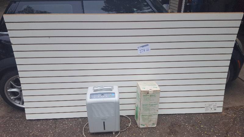 lot 274 image: Lot of (3) Items Includes Slat wall, Dehumidifier and Poly Garden Sprayer.