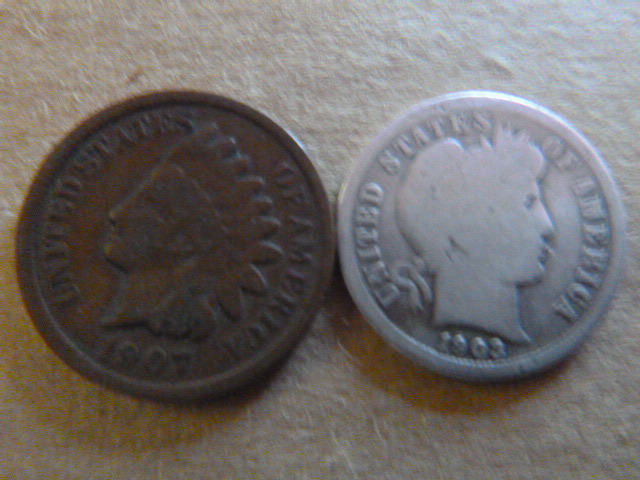 1907 Indian Head One Cent and 1903 Silver Barber Dime