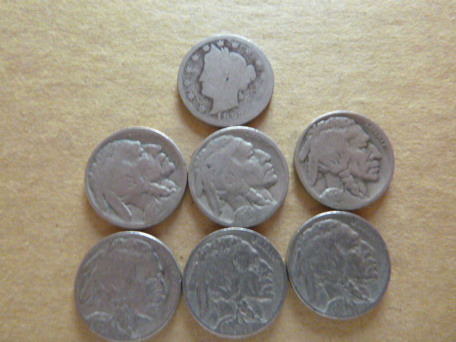 1 Liberty Nickel and 6 Buffalo Nickels