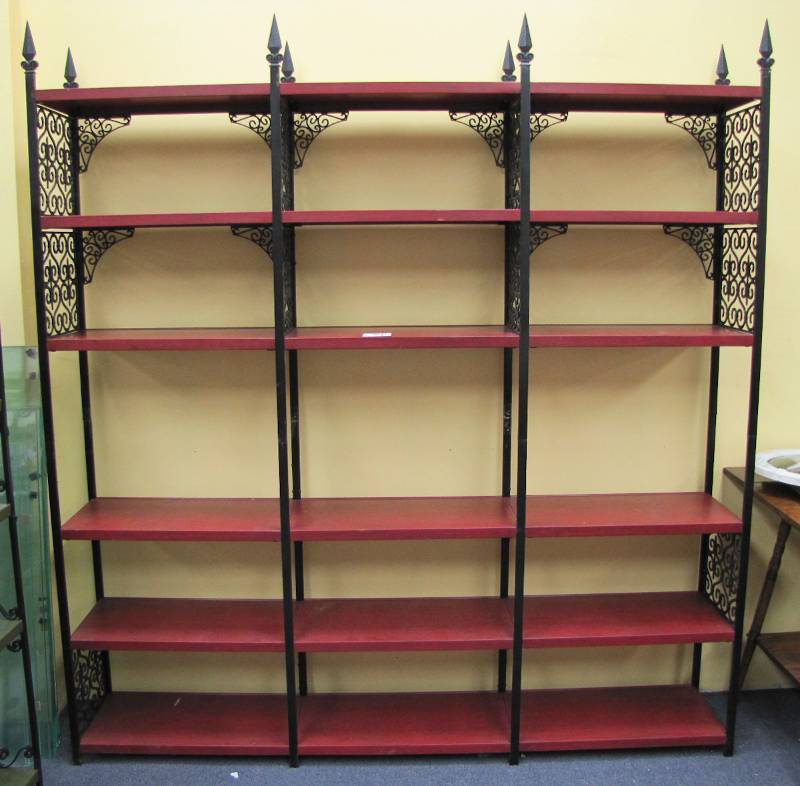 great red and black metal shelving