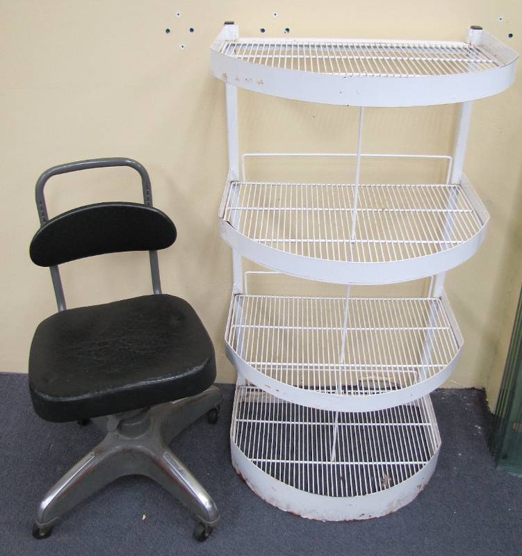 vintage chair, 4 shelf metal display