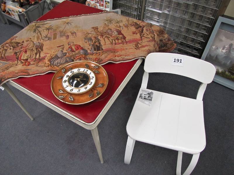 ironrite chair,clock, tapestry