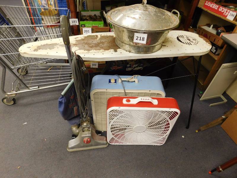 vintage vaccum, ironboard, box fans