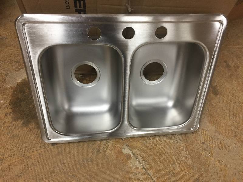 lot 13 image: Elkay Dayton Drop-In Stainless Steel 25 in. 3-Hole Double Basin Kitchen Sink Model # D225193 open box neber used
