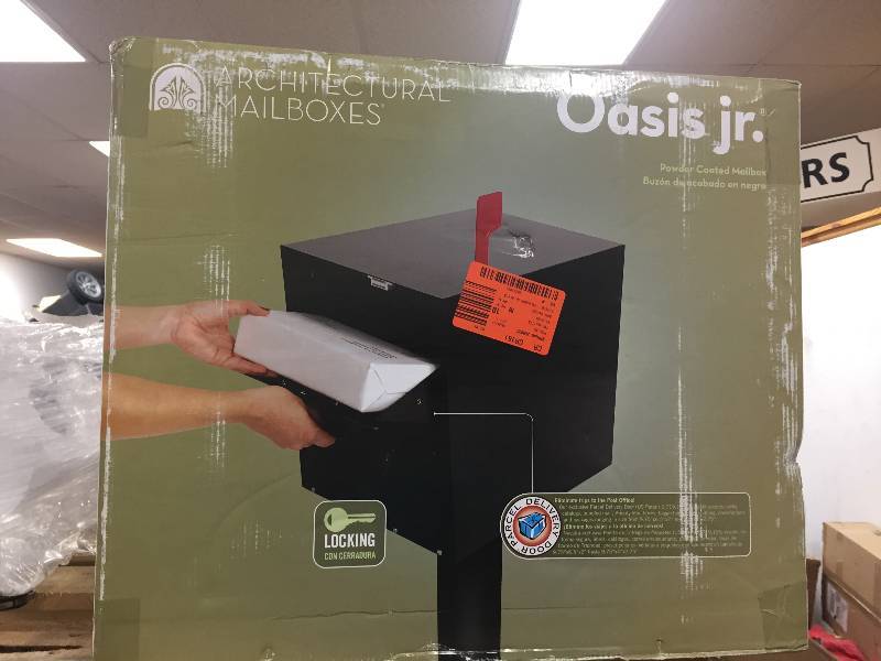 lot 87 image: Architectural Mailboxes Oasis Classic Locking Post Mount Parcel Mailbox with High Security Reinforced Lock, Black New