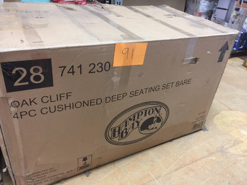 lot 91 image: Hampton Bay Oak Cliff Custom 4Piece Metal Patio Conversation Set open box never used