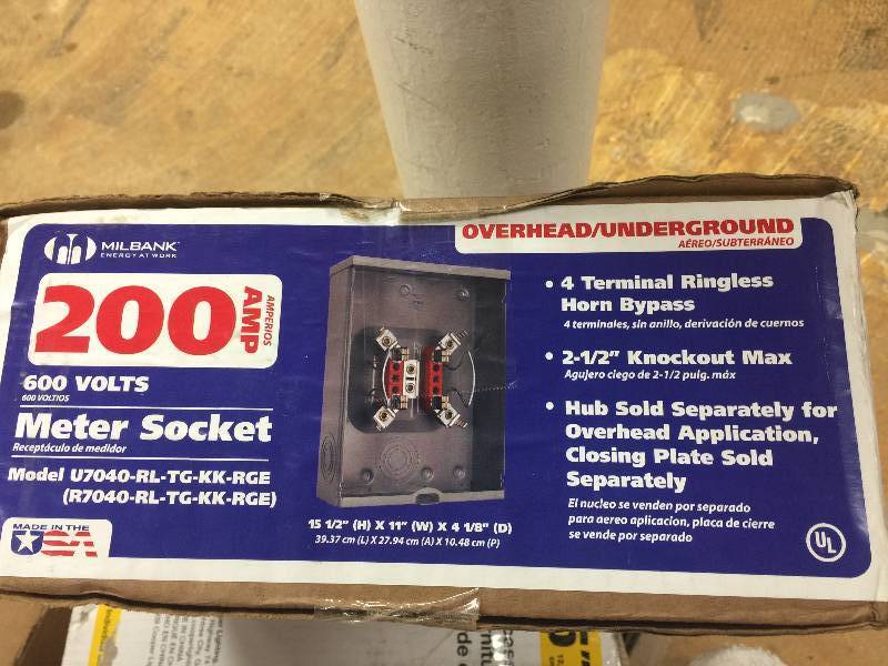 lot 9 image: Milbank 200 Amp 4 Terminal Ringless OverheadUnderground Horn-Bypass Meter Socket open box never used
