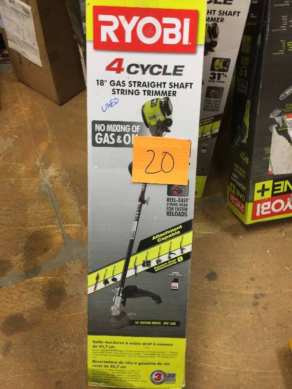 lot 20 image: Ryobi 4-Cycle 30cc Attachment Capable Straight Shaft Gas Trimmer in working conditions
