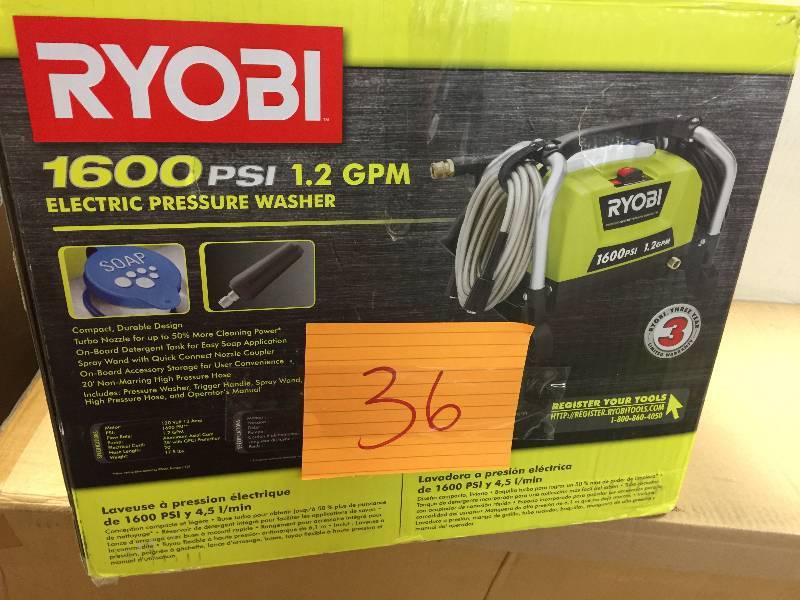 lot 36 image: Ryobi 1,600-PSI 1.2-GPM Electric Pressure Washer Model#  RY141600
