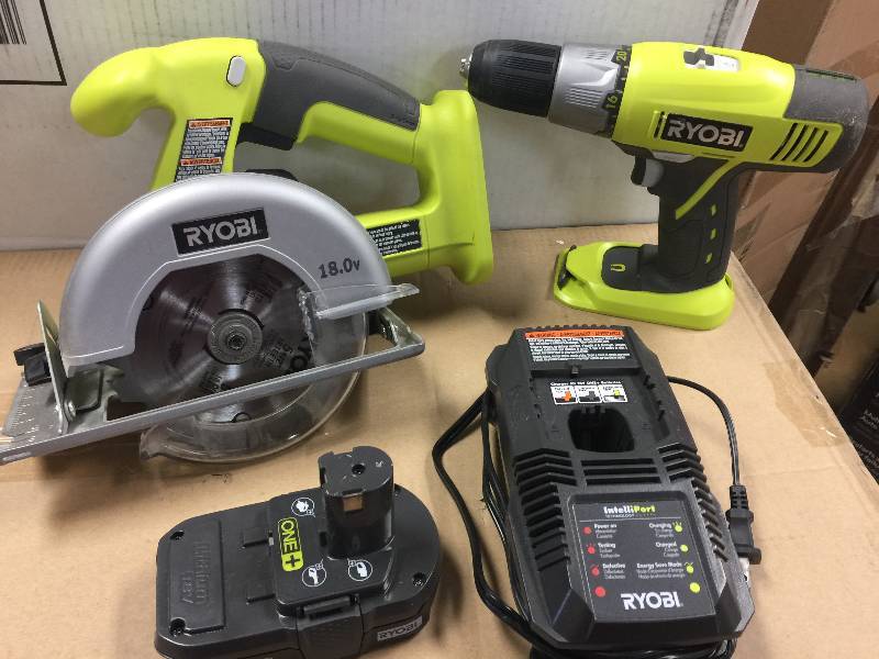 lot 38 image: Ryobi ONE 18-Volt Lithium-Ion Starter Combo Kit (2-Tool) Model#  P825  in like New working conditions