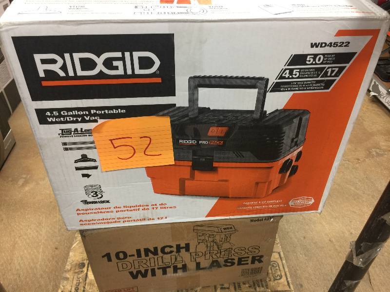 lot 52 image: RIDGID 4.5 gal. 5.0-Peak HP Pro Pack Wet Dry Vac Model # WD4522 in working conditions