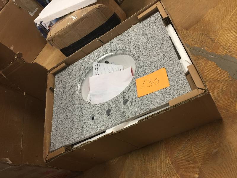 lot 130 image: Pegasus PE31603 31-Inch Napoli Granite Vanity Top with White Bowl and 8-Inch Spread open box never used