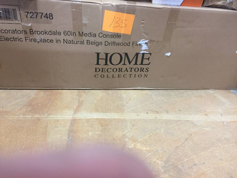 lot 135 image: Home Decorators CollectionBrookdale 60 in. Media Console Infrared Electric Fireplace in Natural Beige Driftwood Finish open box never used Model # WSFP60ECHD-22