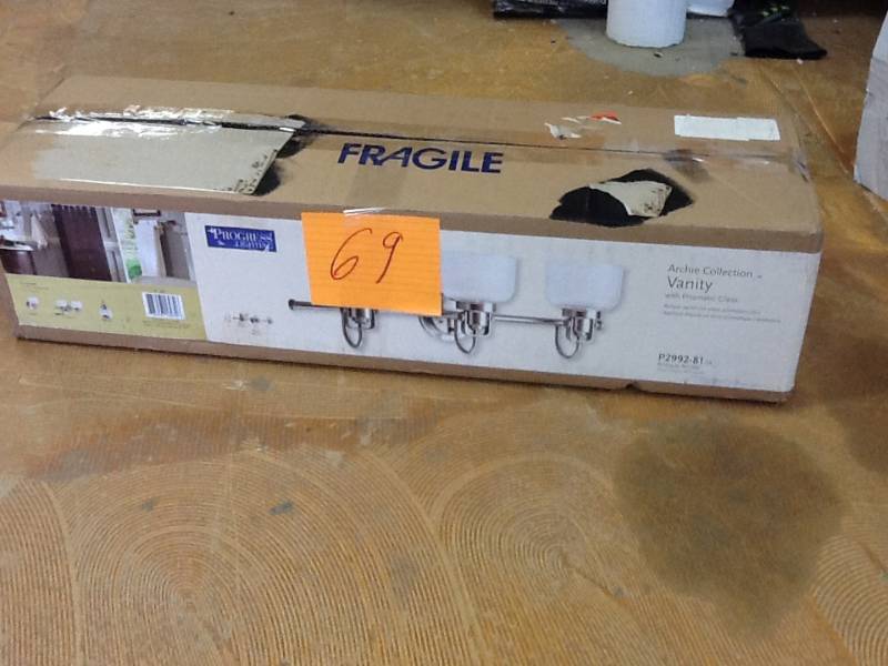 lot 69 image: Progress Lighting Archie 3-Light Antique Nickel Vanity Fixture open box never used