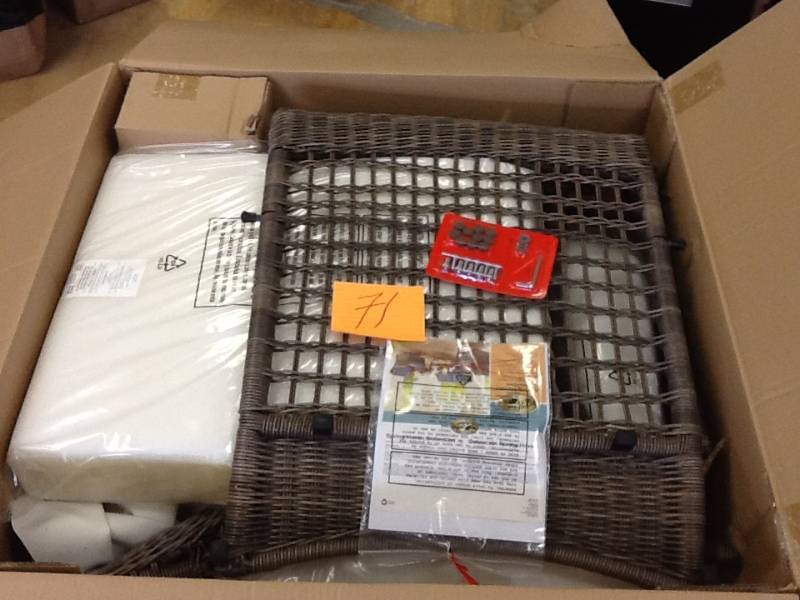 lot 71 image: Hampton Bay Spring Haven Grey Wicker Patio Chair with Cushion Insert (Slipcovers Sold Separately) open box never used