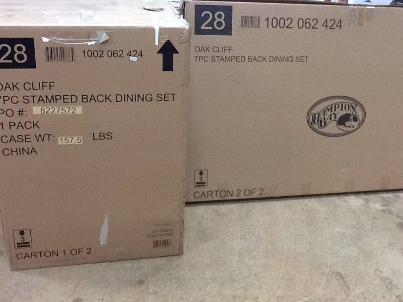 lot 89 image: Hampton Bay Oak Cliff 7-Piece Metal Outdoor Dining Set with Chili Cushions Model#  176-411-7D-V2 open box never used