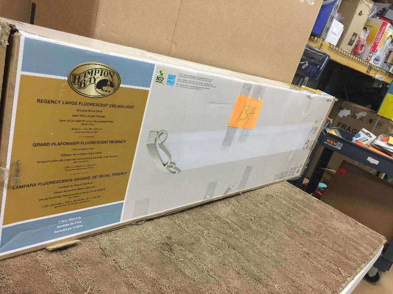 lot 134 image: Hampton Bay Regency 4-Light Brushed Nickel T8 Fluorescent Ceiling Light open box never used