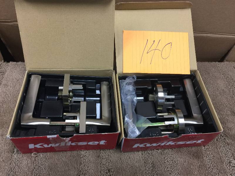 lot 140 image: Set of 2  Kwikset Lisbon Satin Nickel Square BedBath Lever New