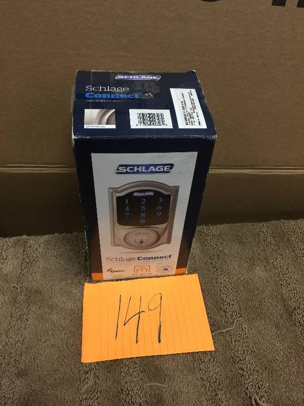 lot 149 image: Schlage Connect Camelot Satin Nickel Touchscreen Deadbolt with Alarm Model#  BE469WK V CAM 619 open box never used