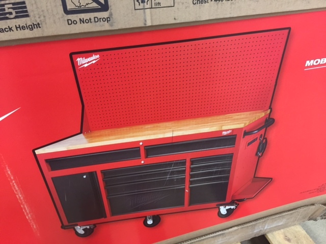 lot 152 image: Milwaukee 60 in. 11-Drawer and 1-Door 22 in. D Mobile Workbench with Adjustable-Height, Sliding Pegboard Back Wall, Red and Black