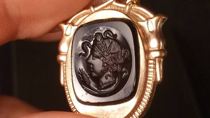 Victorian Medusa Seal Pendant & Gold Chain