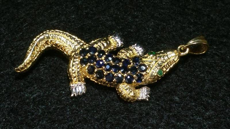 Designer 14k Alligator Pendant  Pin Sapphires & Emeralds