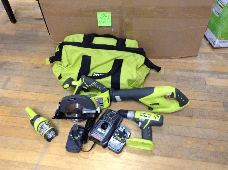 lot 80 image: Ryobi One 18Volt4 PC Super Combo Kit bag has a ripped