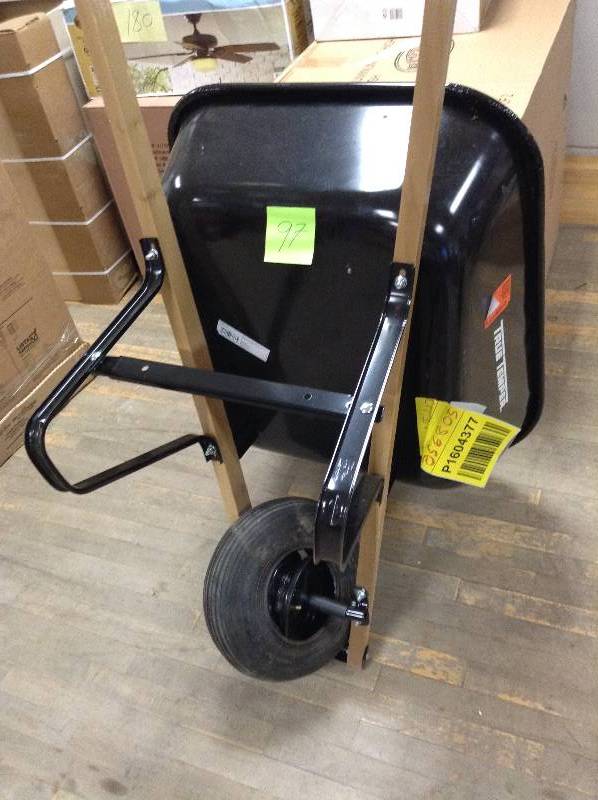 lot 97 image: True Temper 6 cu. ft. Steel Wheelbarrow - Wheel is damaged needs to be fixed