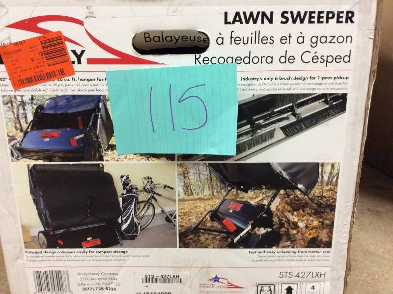 lot 115 image: Brinly Hardy 42 in. 20 cu. ft. Tow-Behind Lawn Sweeper