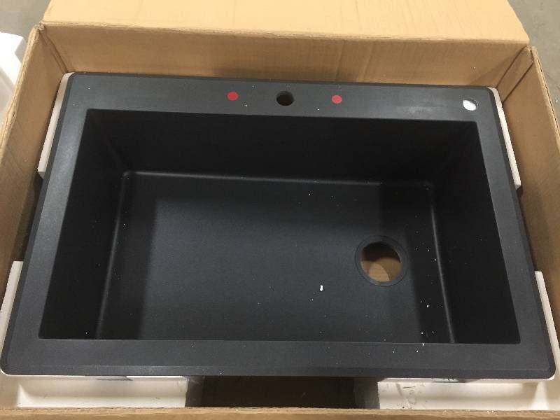 lot 21 image: Swanstone QZLS-3322.077 33-Inch by 22-Inch Drop-In LargeSmall Bowl Kitchen Sink, Nero. Kraus KGU-413B 31 inch Undermount Single Bowl Black Onyx Granite open box never usedKitchen Sink.