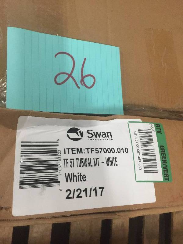 lot 26 image: Swan 30 in. x 60 in. x 57 in. 5-Piece Easy Up Adhesive Tub Wall in White Model # TF-57-010 open box never used