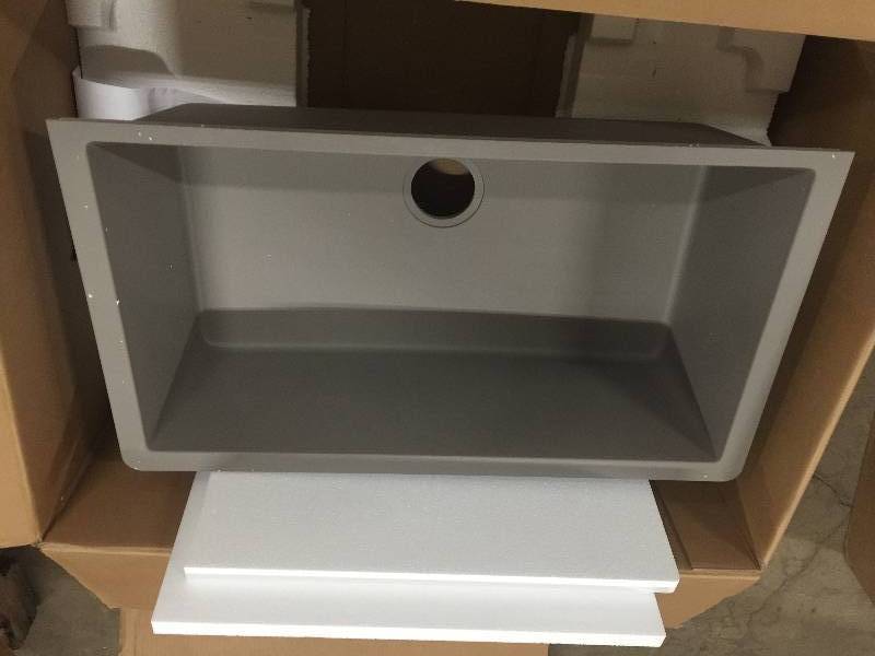 lot 30 image: Elkay Quartz Classic Undermount Composite 33 in. Single Basin Kitchen Sink in Greige Model # ELGRU13322GR0 open box never used