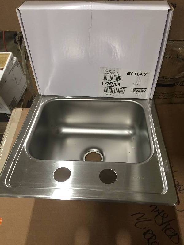 lot 43 image: Elkay Neptune All-in-One Drop-In Stainless Steel 15 in. 2-Hole Bar Sink Model # HD320874LFR open box never used
