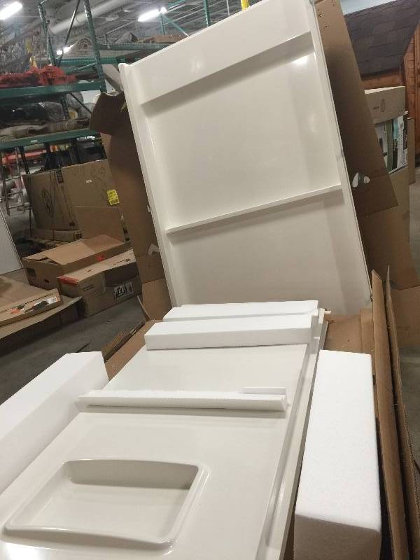 lot 46 image: Swanstone SA-3636-010 Solid Surface 3 Panel Shower Side and Back Wall, White 34 in. x 48 in. x 72 in open box never used