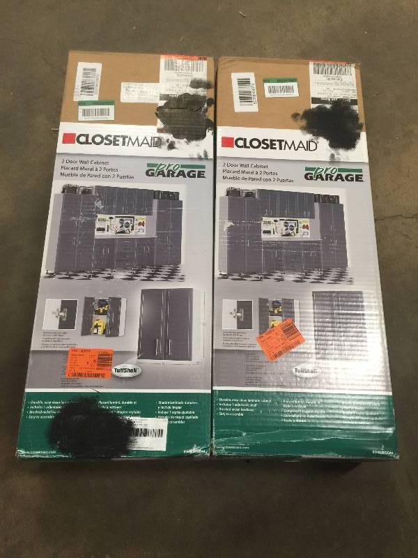lot 20 image: Set Of 2 ClosetMaid ProGarage D 2-Door Gray Laminated Wall Cabinet 32 in H x 24 in. W x 12 in. open box never used