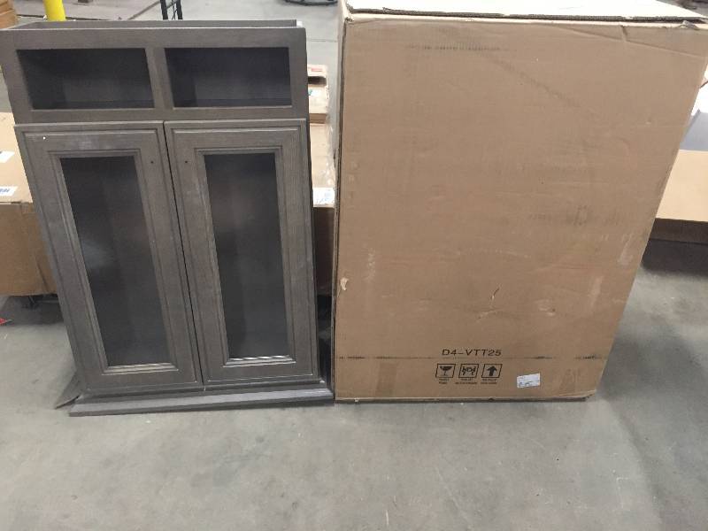 lot 34 image: Set of 2 Home Decorators Collection Albright 27.5 in. W Wall Storage Cabinet in Winter Gray. Whit small damage  easy to fix