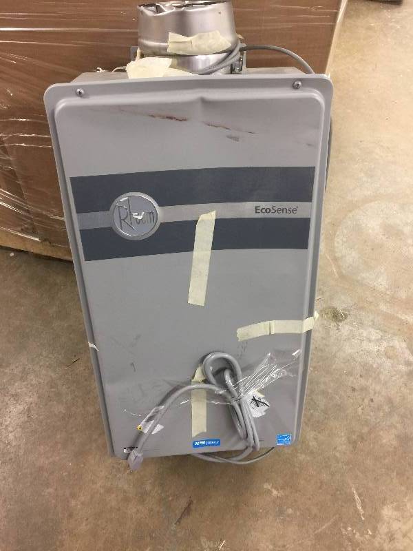 lot 64 image: The Rheem ECO180DVLN3-1 Indoor Natural Gas Tankless Water Heater can provide up to 8.4 GPM at a 35° temperature rise Used