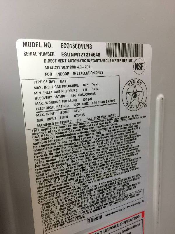 The Rheem ECO180DVLN3-1 Indoor Natural Gas Tankless Water Heater can  provide up to 8.4 GPM at a 35° temperature rise Used | KX Real Deals  Minneapolis Bathroom Vanities, TOOLS and More | K-BID