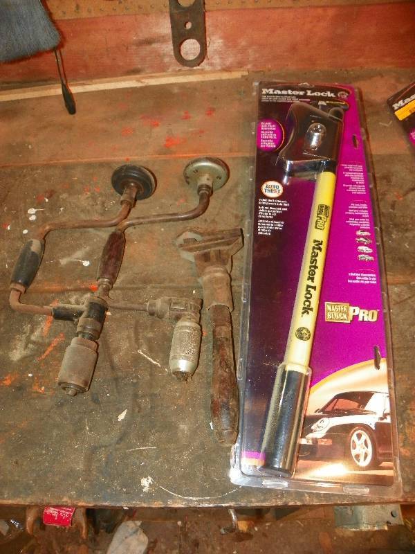 lot 185 image: TWO HAND DRILLS, MASTER LOCK AND PIPE WRENCH