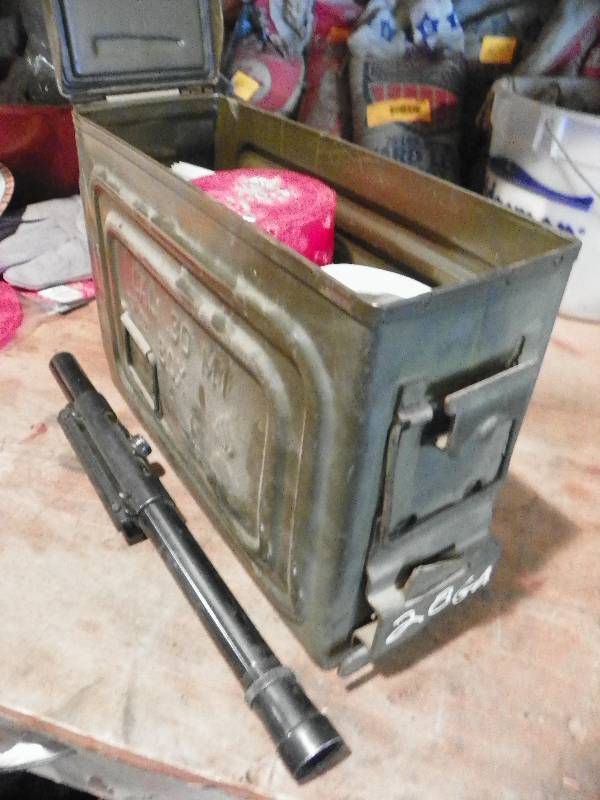 lot 209 image: METAL AMMO BOX WITH CONTENTS AND SCOPE