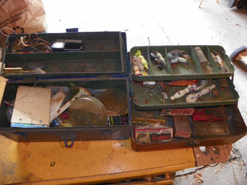 lot 32 image: TWO OLD METAL TACKLE BOXES WITH CONTENTS