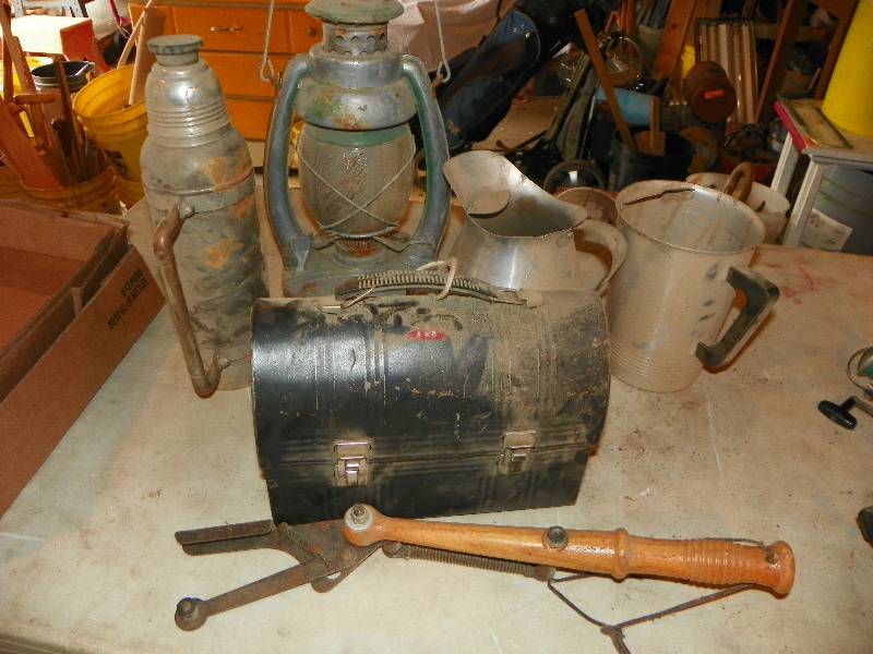 lot 119 image: LANTERN, METAL PITCHERS, METAL TOOL BOX AND CLAY THROWER