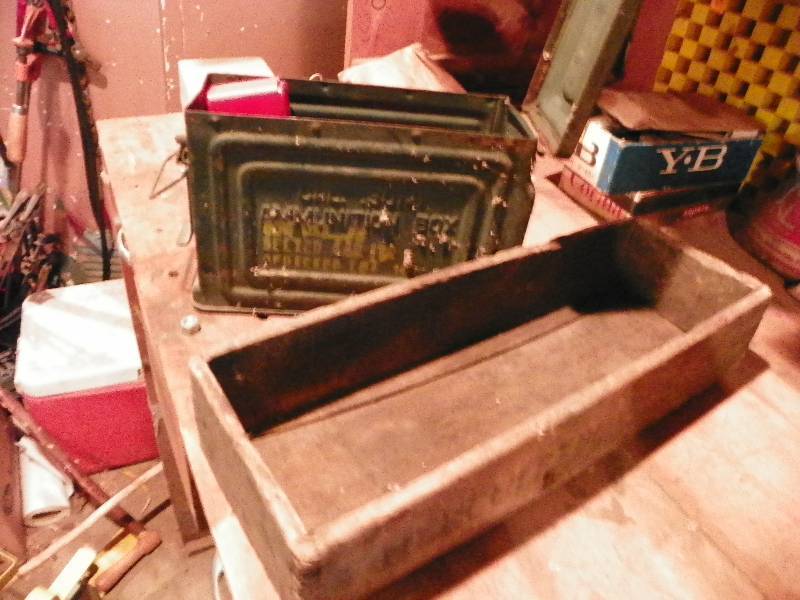 lot 224 image: METAL AMMO BOX WITH CONTENTS AND OLD WOODEN CRATE