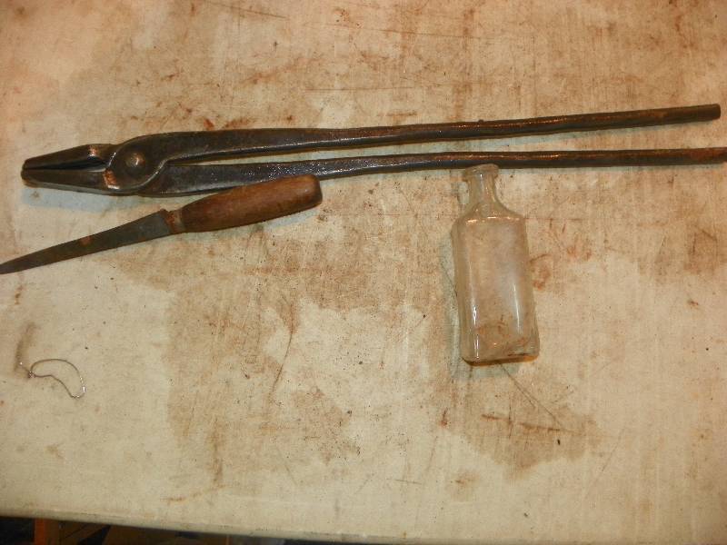 lot 328 image: METAL TONGS, OLD BOTTLE AND KNIFE